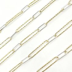 Gold Plated & White 925 Sterling Silver Smooth & Diamond Cut Paperclip Chain HIGH QUALITY PAPERCLIP CHAIN This modern and on-trend design is crafted from Gold Plated 925 Sterling Silver  Item number: V3GS1  Long Link: 24x5mm. Short Link: 11x5mm Chain Style: Paperclip Metal: Gold Plated & White 925 Sterling Silver Length: sold by the foot. Choose the amount in the drop down menu Processing time: 1-2 business days FAST SHIPPING - Gold Plated and White 925 Sterling Silver 100% - If this chain is kinked, knotted or pulled it is easily damaged. We have many other more durable chains options available. We carry the highest quality of sterling silver, gold filled chains, various jewelry findings, supplies and charms. To view our entire collection, please visit our storefront here: https://www.ets Permanent Jewelry, Diamond Quartz, Yellow Gold Chain, Jewelry Business, Gold Filled Chain, Gold Plated Silver, Black Rings, Diamond Cut, Chain Styles