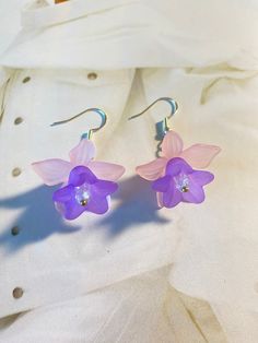 Frosted Colorful Flower Earrings with Glass beads. Beautiful and unique earrings. Fairylike earrings. Great gift. Whimsical Flower Earrings For Spring, Whimsical Spring Flower Earrings With Ear Wire, Whimsical Spring Flower Earrings, Pink Whimsical Flower Earrings For Pierced Ears, Whimsical Pink Flower Earrings For Pierced Ears, Handmade Purple Flower Earrings Whimsical Style, Cute Flower Drop Earrings For Party, Purple Flower Earrings For Party, Purple Handmade Whimsical Flower Earrings