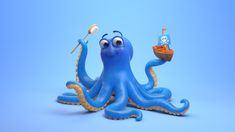 an octopus with a pirate ship on it's back is posed in front of a blue background