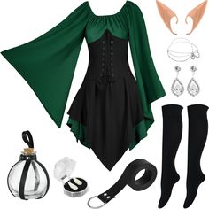 PRICES MAY VARY. Medieval Costume Set: You will receive in total 13 pcs renaissance costume set, including 1 renaissance dress for women, 1 tassel rhinestone headpiece, 1 black belt, 1 bottle holder, 1 clear bottle, 1 pair of black long stockings(2pcs), 1 pair of ears(2pcs), 1 pair of earrings(2pcs), 1 pair of vampire teeth(2pcs) Size: The cosplay dress comes in a 2X-Large size, measuring 104cm/40.95 inches in length, with a bust of 118cm/45.46 inches, a waist of 108cm/42.52 inches, and sleeves Elf Outfit Women, Nature Fairy Costume, Tavern Party, Short Corset Dress, Medieval Fairy, Jester Outfit, Faerie Costume, Irish Dance Costume, Costume Viking