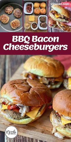 bbq bacon cheeseburgers on a cutting board