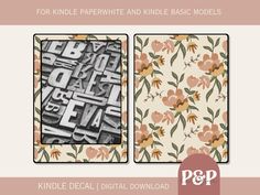 two pictures with flowers on them and the words kindle decal in black and white