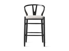 a black bar stool with a white upholstered seat and backrest, viewed from the front