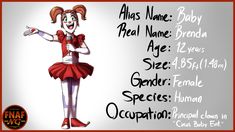 a drawing of a female clown in red and white with her name on the side