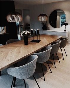 a dining table with six chairs and a mirror in the background that says interrest