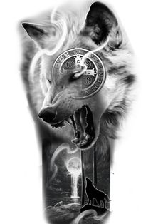 a black and white photo of a wolf with the clock on it's face