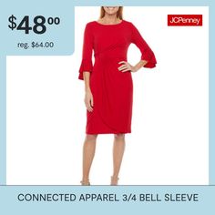 Elevate your special occasion wardrobe with this chic knee-length women's sheath dress by Connected Apparel. Its smooth, stretch fabric lays comfortably over your silhouette, and it has a scoop neckline, three-quarter bell sleeves, and a gathered side detail to highlight your shape. Wear it to a cocktail party with stilettos. Features: Stretch FabricClosure Type: Pullover HeadNeckline: Round NeckSleeve Length: 3/4 SleeveSleeve Style: Bell SleeveApparel Length: 40 InchesDress Length: Knee Length… Holiday Sheath Midi Dress, Holiday Knee-length Bodycon Dress, Elegant Red Midi Dress With 3/4 Sleeves, Jcpenney Dresses, Sheath Dresses, Womens Sheath Dress, Shape Wear, Dress Red, Bell Sleeve