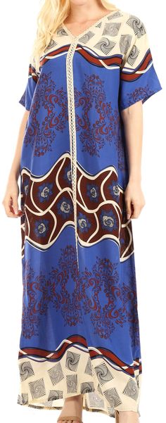 Sakkas Sabra Womens Long Casual Cover-up Tunic Kaftan V neck Dress#color_Royal Blue Long Shift Midi Dress For The Beach, Patterned Long Maxi Dress For Vacation, Patterned Maxi Dress For Vacation, Printed Shift Midi Dress For The Beach, Beach Maxi Dress With Shift Fit, Shift Fit Long Maxi Dress For Vacation, Summer Patterned Maxi-length Kaftan, Patterned Maxi Length Kaftan, Bohemian Shift Midi Dress For Beach