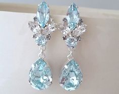 Etsy :: Your place to buy and sell all things handmade Elegant Light Blue Crystal Earrings For Party, Light Blue Drop Earrings For Wedding, Blue Earrings Wedding, Light Blue Earrings, Blue Bridal Earrings, Bridal Earrings Chandelier, Crystal Earrings Wedding, Aquamarine Earrings, Fancy Jewellery