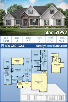 two story house plan with 3 car garage and attached living room, large front porch