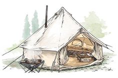 a drawing of a tent with the door open