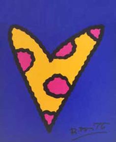 the letter v is painted in bright pink and yellow with black dots on blue background