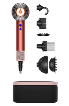 What it is: Special edition Dyson Supersonic Nural hair dryer in strawberry bronze and blush pink with complimentary Presentation case. What it does: A network of Nural sensors automatically adjusts airflow and temperature to enhance natural shine and protect scalp health.¹ It protects your scalp barrier from extreme heat, helping to maintain your scalp's moisture levels. Learns and remembers your styling routine and automatically adjusts to your go-to airflow and heat settings as you style. Mac Pink Dyson, Diffuser Curls, Curl Diffuser, Dyson Hair Dryer, Dyson Supersonic, Hair Diffuser, Waves Curls, Voluminous Curls, Scalp Health