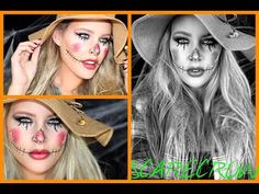 three different pictures of a woman with makeup on her face and in the background there is an orange frame