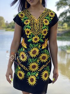 -This Beautiful Mexican Floral Dress has a unique design from Puebla, Mexico. It is the perfect dress for a fun night out or a special event. -It's made out of cotton, is full of colorful embroidered details and has some crocheted details. -It has ties on the back for an adjustable fit. The earrings you cay buy too and find here https://www.etsy.com/es/listing/637147293/filigrana-redonda-filigrana-clasica?ref=shop_home_active_1&pro=1&frs=1 Fitted Embroidered Floral Dress For Vacation, Fitted Embroidered Floral Print Dress For Vacation, Fitted Floral Print Embroidered Dress For Vacation, Short Sleeve Embroidered Floral Dress For Vacation, Beach Embroidered Dress With Short Sleeves, Short Sleeve Embroidered Floral Dress For Beach, Short Sleeve Embroidered Dress With Floral Print For Beach, Yellow Embroidered Dress With Short Sleeves For Summer, Fitted Floral Print Embroidered Beach Dress