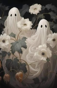 two ghost like figures surrounded by white flowers