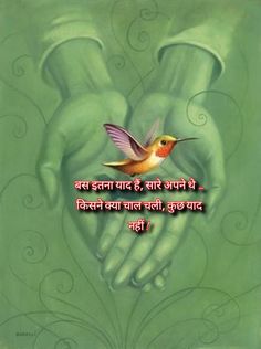 a hand holding a hummingbird with the words in hindi