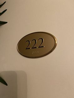 a plaque with the number 22 on it is next to a potted palm tree