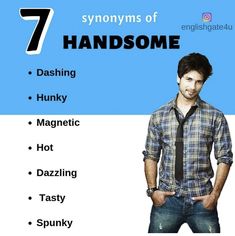 a man standing in front of a blue and white background with the words 7 syonyms of handsome