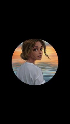 a painting of a woman with brown hair in a white shirt looking out over the water