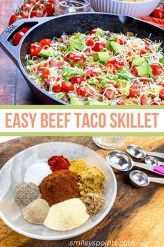 easy beef taco skillet recipe with ingredients