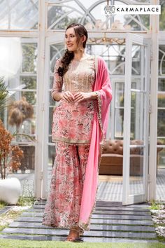 LUXE SWEET PEACH GEORGETTE FLORAL SHARARA SUIT SET Floral Sharara Suit, Printed Sharara Suit, Floral Sharara, Printed Sharara, Contrast Dupatta, Punjabi Suits Party Wear, Gharara Suits