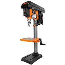 an orange and black driller sitting on top of a metal stand with two tools