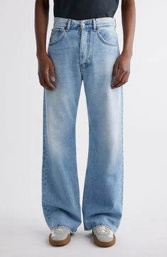 Acne Studio's gives classic bootcut jeans—cut from faded and distressed light-wash nonstretch organic-cotton denim—a modern update with a looser fit. 21" leg opening; 12 1/2" front rise; 16" back rise Zip fly with button closure Five-pocket style 100% cotton Dry clean Made in Italy New Concepts @Nordstrom Classic Light Wash Flare Jeans With Five Pockets, Denim Blue Flare Jeans, Classic Light Wash Relaxed Fit Flare Jeans, Classic Light Wash Straight Fit Flare Jeans, Classic Washed Faded Flare Jeans, Classic Faded Washed Flare Jeans, Loose Bootcut Jeans, 2024 Clothes, Bootcut Jeans