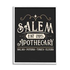 the salem apothecary sign is shown in black and white with gold lettering