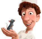 a cartoon character holding a mouse in one hand and wearing a chef's hat on the other