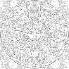 the sun and moon are depicted in this intricate coloring book page for adults to color