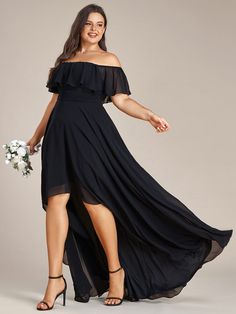 This stunning Off-The-Shoulder High Low Bridesmaid Dress is the perfect choice for any wedding. Made from delicate chiffon fabric with a feminine ruffle hemline, this dress features a flattering off-the-shoulder neckline that will showcase your elegant collarbones. The flowy high low skirt adds a touch of whimsy to the design, while the fitted bodice cinches at the waist to create a flattering silhouette. Available in a variety of colors to match any wedding theme, this dress will make you look and feel beautiful on the big day. Fit: Please refer to size chart. Length: Knee length/High-low. Sleeve Style: Short Sleeve. Closure: It is no zipper. Undergarments: It is not padded, with lining. Fabric:The garment comprises chiffon. Stretch: Fabric is no stretch. Off The Shoulder Bridesmaid Dress, Midi Wedding Guest Dress, High Low Bridesmaid Dresses, Black Bridesmaids, Tea Length Wedding, Wedding Guest Style, Ever Pretty, Affordable Dresses, Bridesmaid Gown