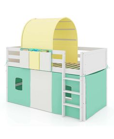 there is a bunk bed with a yellow tent on the top and blue drawers below