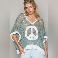 Open Crochet Oversized Peace Sign Sweater - Pol Spread Good Vibes With This Oversized Peace Sign Sweater! The Chunky Crochet Adds Texture While The Wide Sleeves And V-Neck Keep It Breezy For Summer Or Fall. With Its Cute Colored Trim And Playful Peace Sign, You'll Be Rockin' Good Style And Good Vibes. Fabric Contents: - 60% Cotton, 40% Nylon Approximate Measurements: (Inches, Garment Laying Flat) Small:&Nbsp; 29" Bust, 29" Waist, 21" Length&Nbsp; Medium:&Nbsp; 30" Bust, 30" Waist, 21.5" Length L Crochet Peace Sign, Knit Crochet Sweater, Umgee Clothing, Thml Clothing, Dress Up Day, Umgee Tops, Americana Fashion, Chunky Crochet, Love Clothing