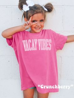 Dress your Little One trendy for Summer or Family Beach Vacation with this cute & comfy Vacay Vibes Kids Shirt! Youth Comfort Colors® Tshirts are super soft! Size up for a Trendy Oversized look! ♥ Hello and Welcome to Meaningful Tees Shop! ♥ Model is wearing Chambray, Crunchberry, Lagoon Blue, Island Reef ♥ All of our items are made one at a time with care for each customer : ) ♥ Please allow 3-7 BUSINESS days (usually 3-5) for your item to be created PLUS shipping time via USPS ♥ Printed on the Fun Summer T-shirt For Loungewear, Cute Beach Tops For Vacation, Playful Soft-washed Tops For Summer, Pink Cotton Tops For Vacation, Playful Soft-washed Summer Tops, Cute Tops For Beach Season Vacation, Cute Tops For Beach Vacation, Cute Relaxed Fit Tops For Vacation, Fun Pink Tops For Vacation