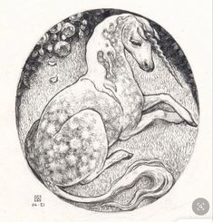 a black and white drawing of a horse laying on its back in a circular frame