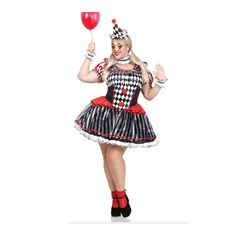 a woman in a clown costume holding a balloon