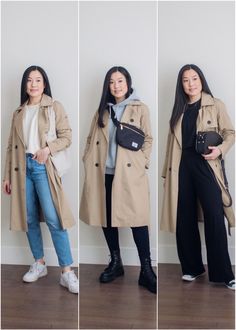 Her Simple Sole - 3 Casual Ways to Wear a Trench Coat Trench Coat And Trousers, Outfit With Coat Casual, How To Style A Beige Coat, Trench With Sneakers, Simple Trench Coat Outfit, Minimalist Trench Coat Outfit, Fall Trench Coats For Women, Trench Coat Classic Outfit, Capsule Wardrobe Trench Coat