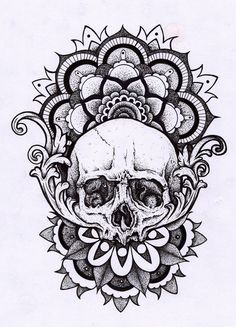 a black and white drawing of a skull with flowers on it's head,