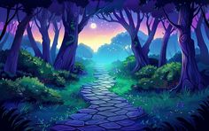 a painting of a pathway through a forest at night