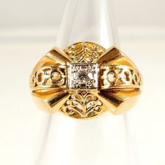 "IMPORTANT A description is available following the details. Please, read on. Thank you Material: 18K solid gold, round-cut diamond ~3mm Size: 7 3/4 (face of the ring ~17mm x 14mm) Weight: 7.86g Period: Deco/Retro Occasion: statement, anniversary, engagement Origin: France Provenance: A jewelry estate sale Condition: excellent, minor wear Additional remarks: stamped with the French eagle head assay mark to guarantee its 18 carat solid gold. also features a maker's mark N.b.: We guarantee the aut 14k Yellow Gold Filigree Ring, Formal Yellow Gold Rings With Rose Cut Diamonds, Formal Yellow Gold Ring With Rose Cut Diamonds, Heirloom Gold Diamond Signet Ring, Antique Yellow Gold Diamond Ring With Diamond Cut, Heirloom Yellow Gold Diamond Signet Ring, Gold Diamond Heirloom Signet Ring, Heirloom Gold Diamond Ring, Heirloom Diamond Signet Ring In Yellow Gold