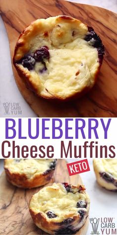 blueberry cheese muffins on a cutting board with the words keto below