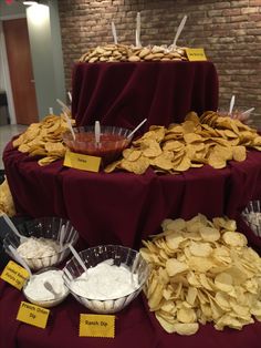 the table is covered with chips and dips