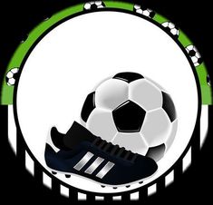 a soccer ball sitting on top of a black and white shoe with green stripes around it