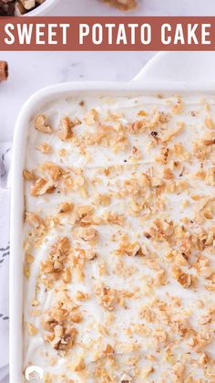 sweet potato cake in a white baking dish