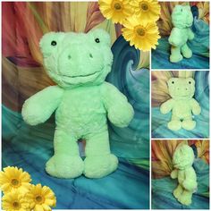 four pictures of stuffed animals with flowers in the background