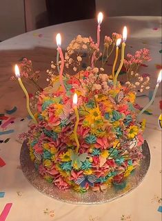 there is a cake with candles on it and many other decorations around the cake,