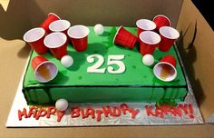 a green birthday cake with red cups on it