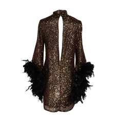 This shimmering copper flash mod mini dress has it all - glittering sequins, delicate mock neck, and long bell sleeves cuffed with black feathers. An ode to the bold expression of the 1960s, this piece is a statement addition to any wardrobe. Dry clean to best preserve the sequins and feathers. Mod Mini Dress, Disco Dress, Time Warp, August Birthstone Jewelry, July Birthstone Jewelry, Gifts For New Mums, Black Feathers, Pearl Jewellery Earrings, Jewelry Ring Box