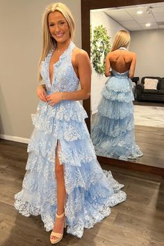 Light Blue Tulle Appliques Halter Ruffle Tiered Long Prom Dress – Modsele One Shoulder Homecoming Dress, Tiered Prom Dress, Blue Tulle, Long Prom Dresses, Lace Homecoming Dresses, A Line Gown, Wedding Dresses Unique, Beautiful Wedding Dresses, Party Gowns